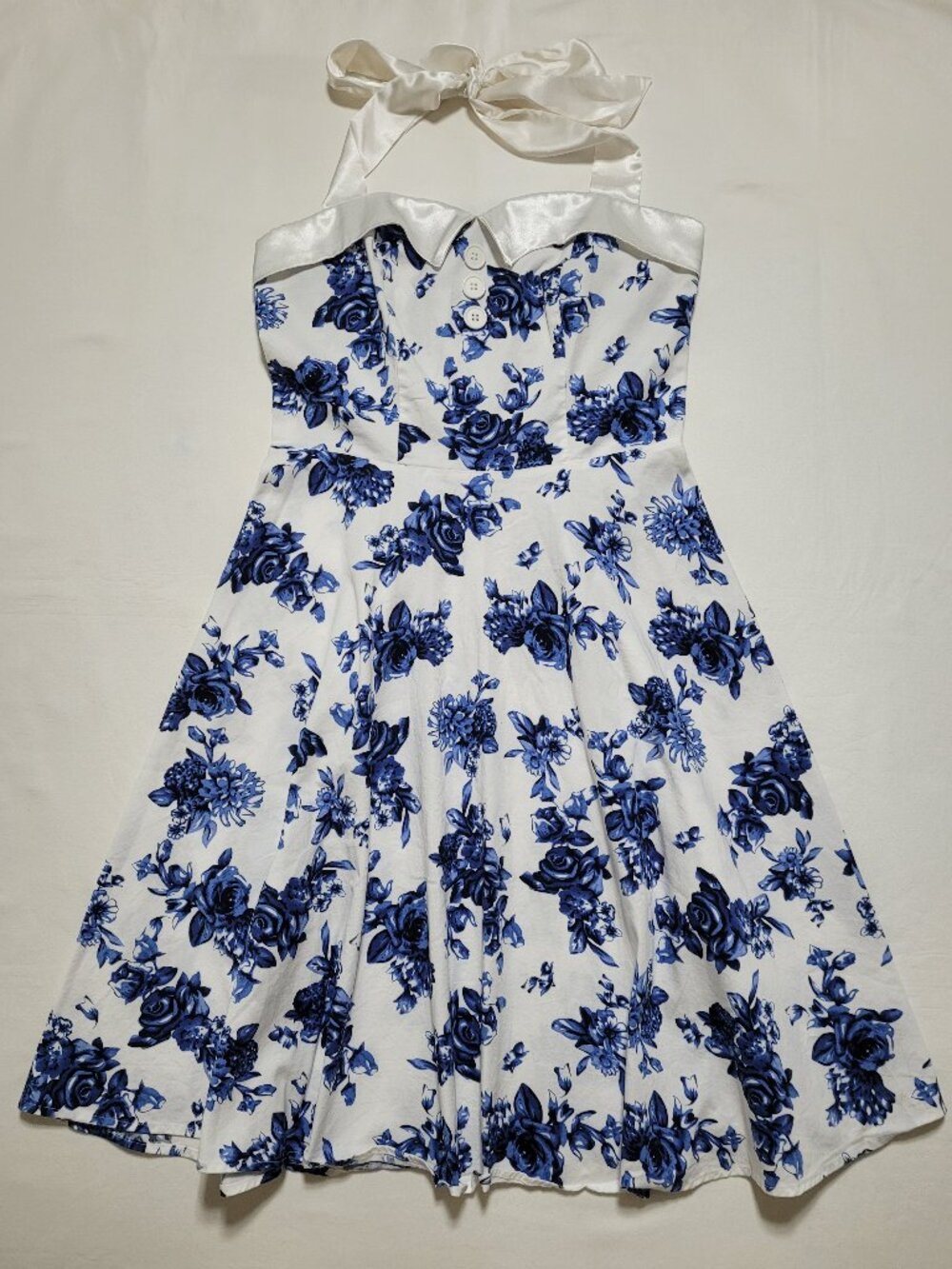 Dressystar Floral Halter Rockabilly Swing Dress Blue White Medium 50s Retro - Picture 2 of 10